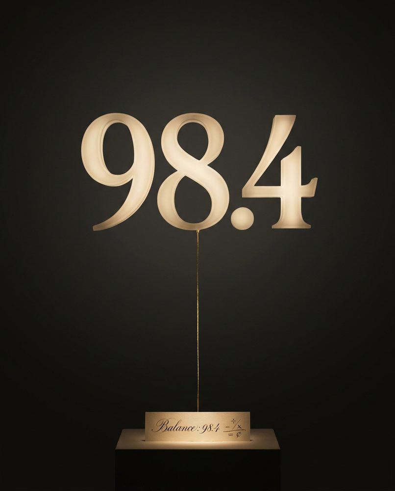Sculpted numerals reading 98.4 on a brass stand labelled Balance