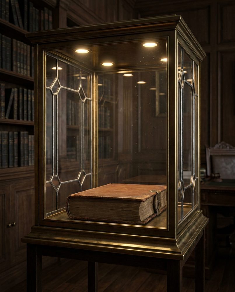 A ledger kept in a glass display case in a panelled library