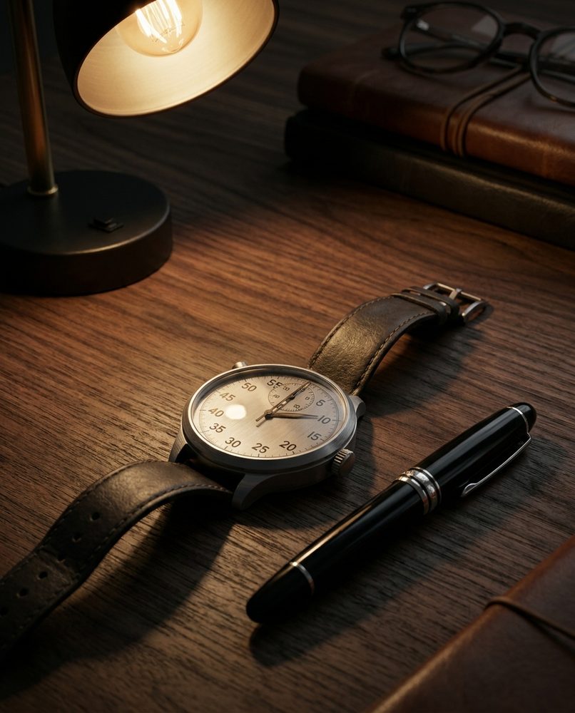 A wristwatch and fountain pen on a desk under lamplight